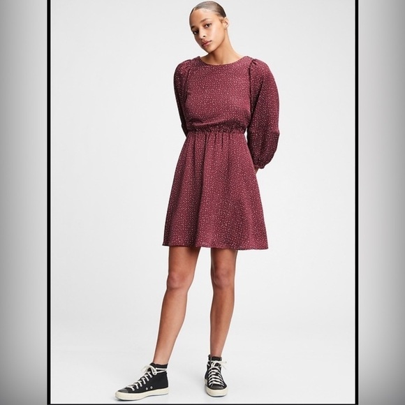 GAP Recycled Blouson Sleeve‎ Mini Dress in Shiraz Red Size Large Petite - Picture 1 of 7